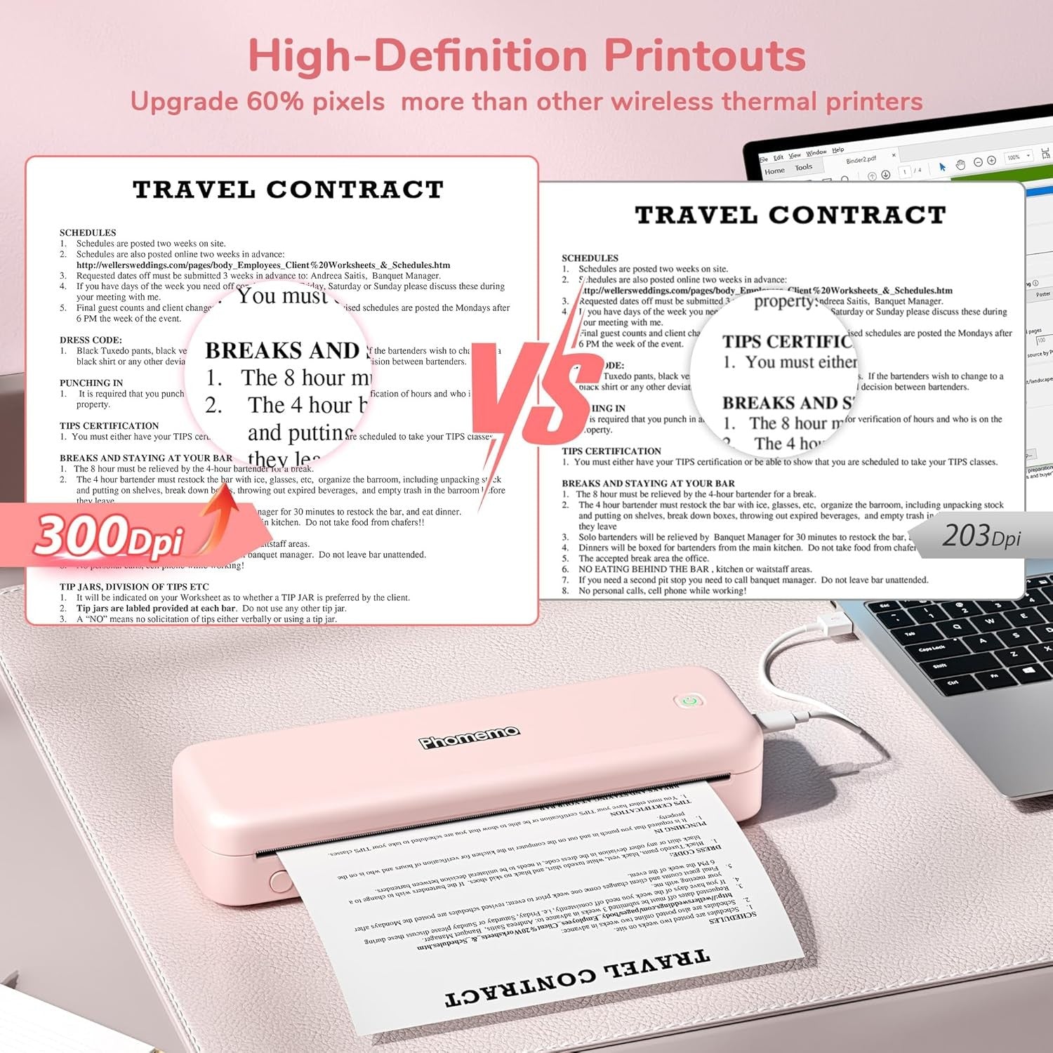 Portable A4 Thermal Printer Bluetooth Inkless 4 Rolls Pink