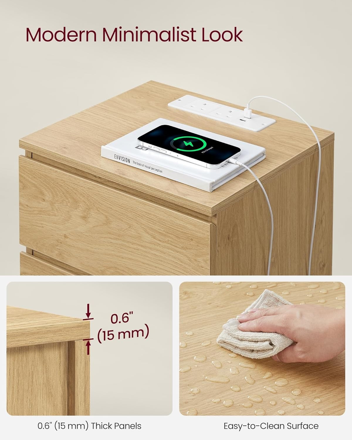 Oak Bedside Table with Charging Station, 3 Drawers, USB & AC Ports, Modern