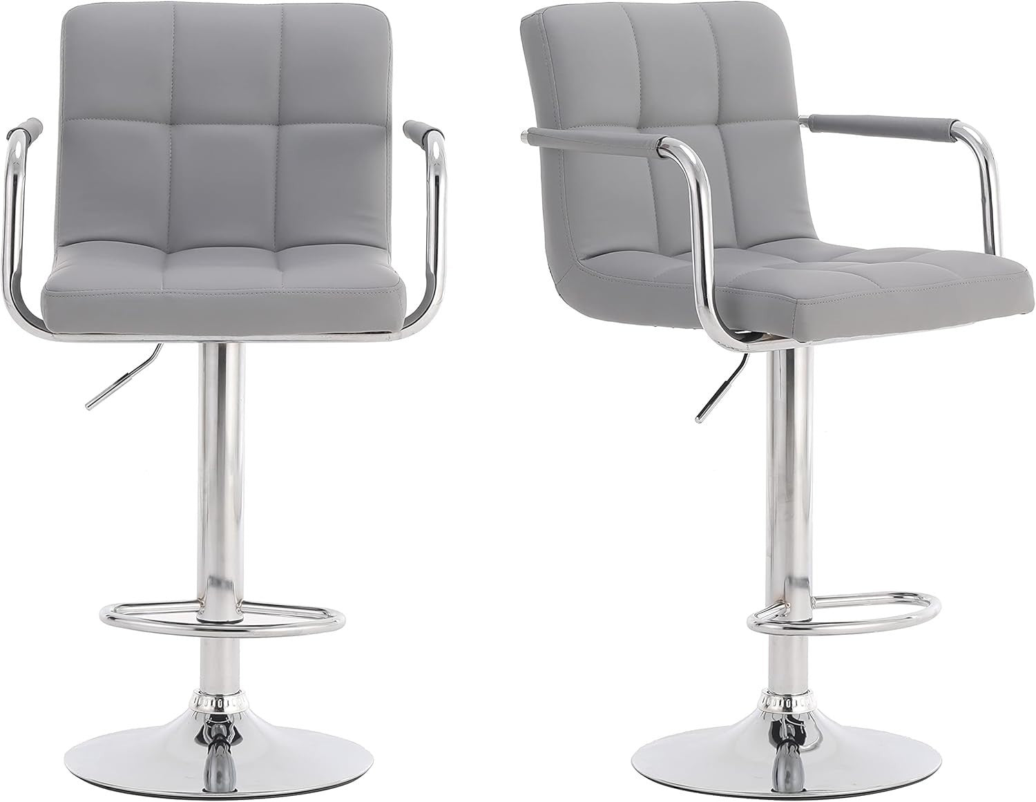 2PCS Silver Grey Adjustable Cuban Bar Stools PU Leather Arms