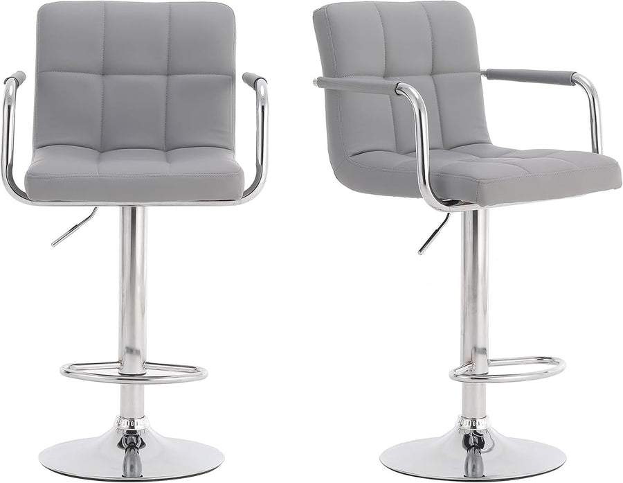 2PCS Silver Grey Adjustable Cuban Bar Stools PU Leather Arms