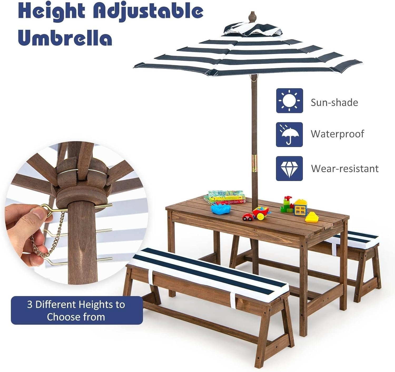 Kids Wooden Picnic Table Bench Set w/ Cushions & Umbrella – Outdoor Play