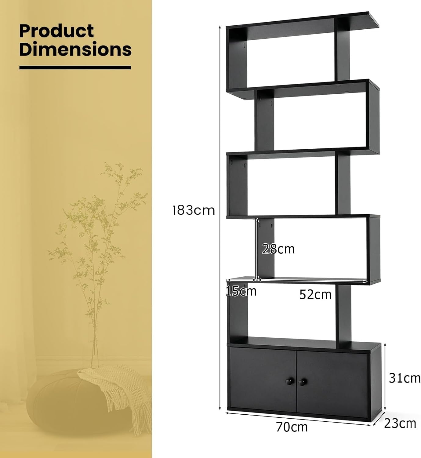 Black S-Shaped 6 Tier Bookcase Tall Freestanding Storage Shelf with Cabinet