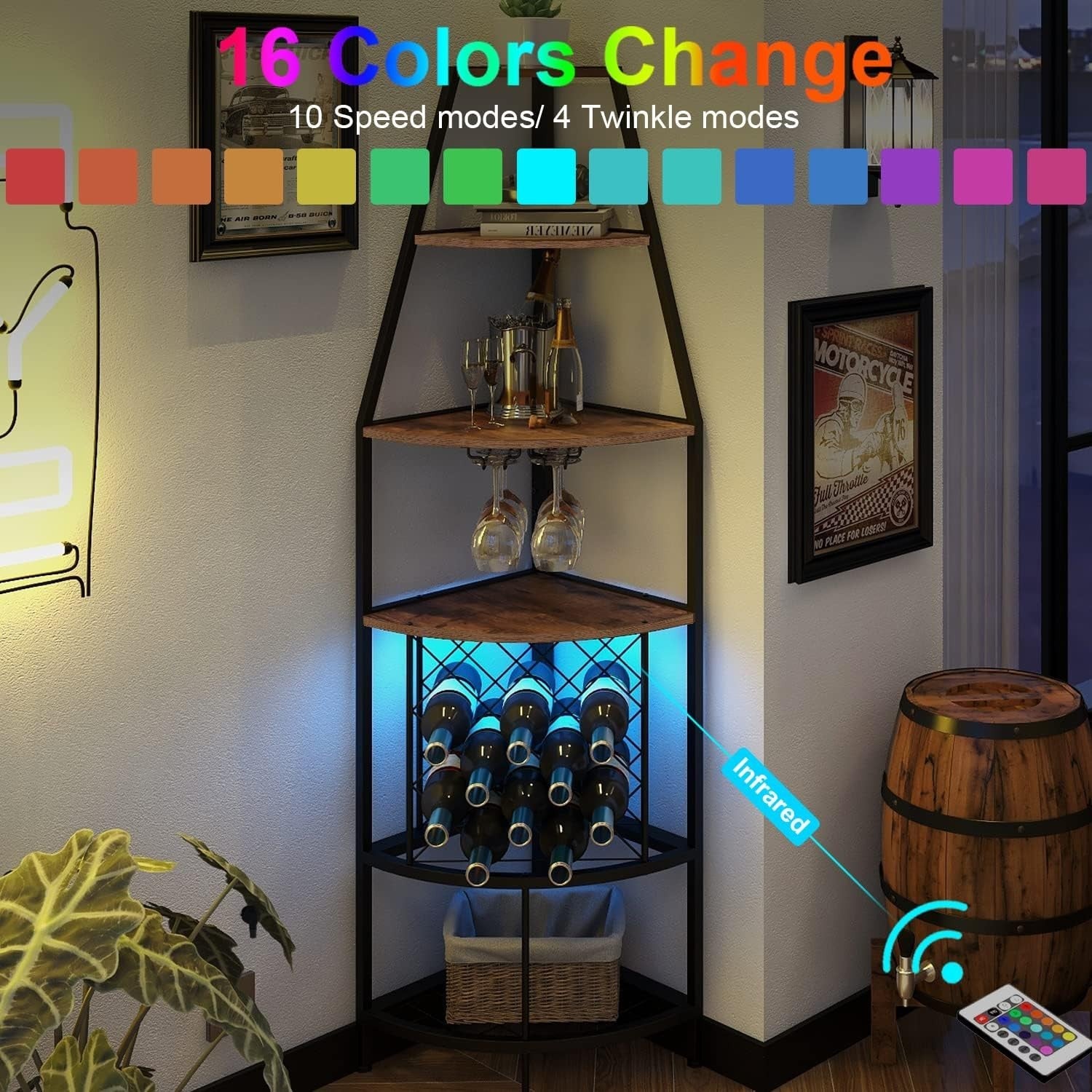 5 Tier Corner Wine Rack with LED Light | Home Bar Shelf Bottle & Glass Storage