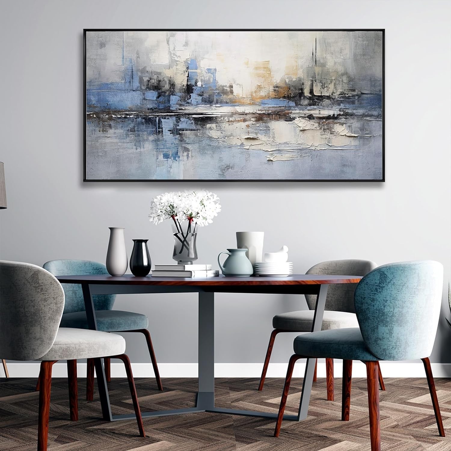 Blue Gray Abstract Canvas Wall Art Framed 20x40 in Modern Decor