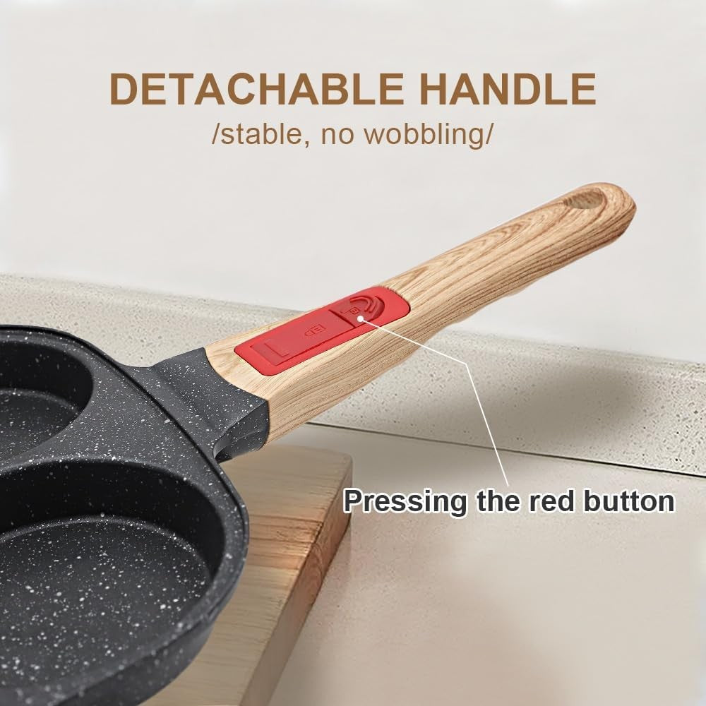 4-Cup Egg Pan Non-Stick Pancake Skillet w/ Lid & Detachable Handle Black