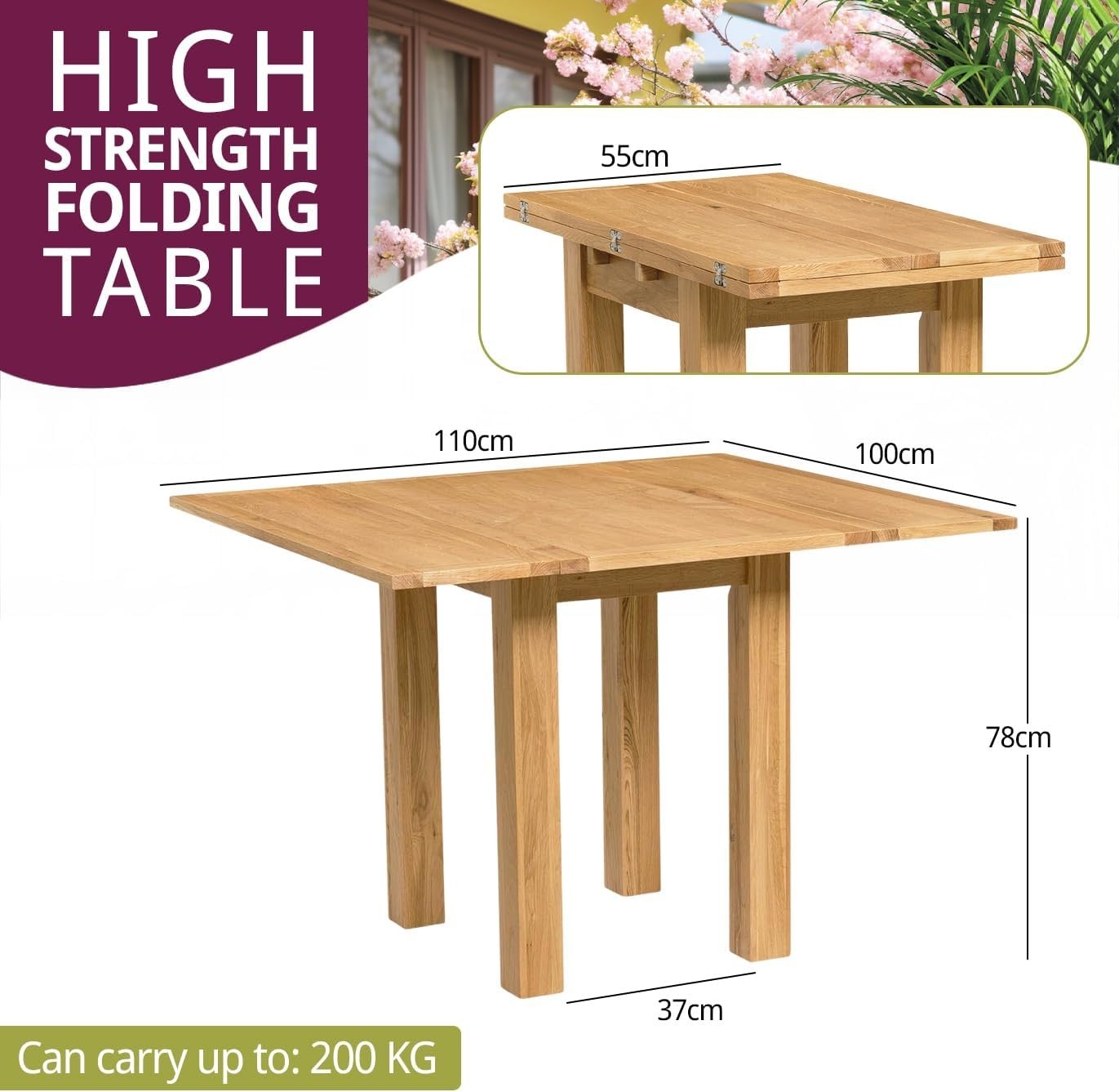 Folding Oak Dining Table 110cm Extendable Rectangular Kitchen Table