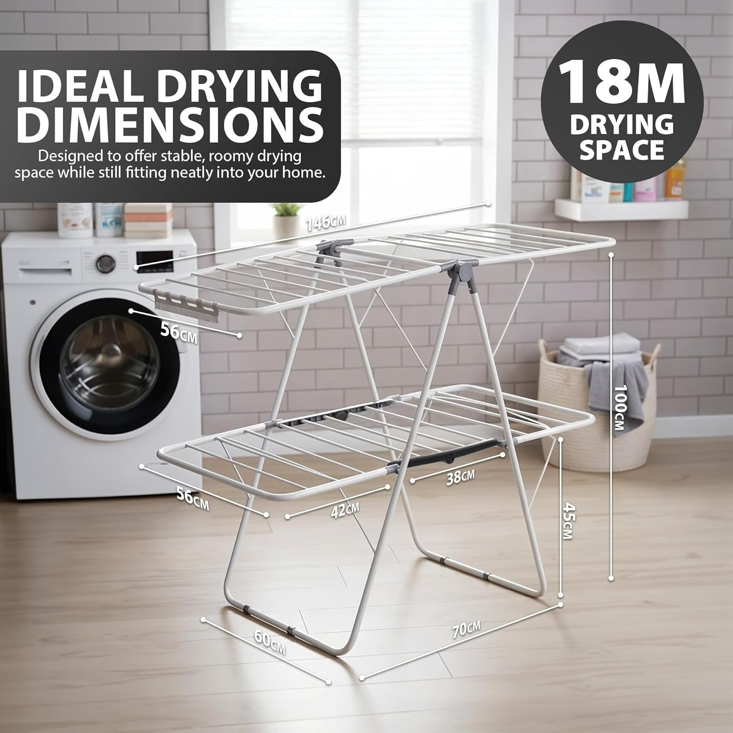 18m Folding Clothes Airer Drying Rack Indoor Outdoor Heavy Duty Steel