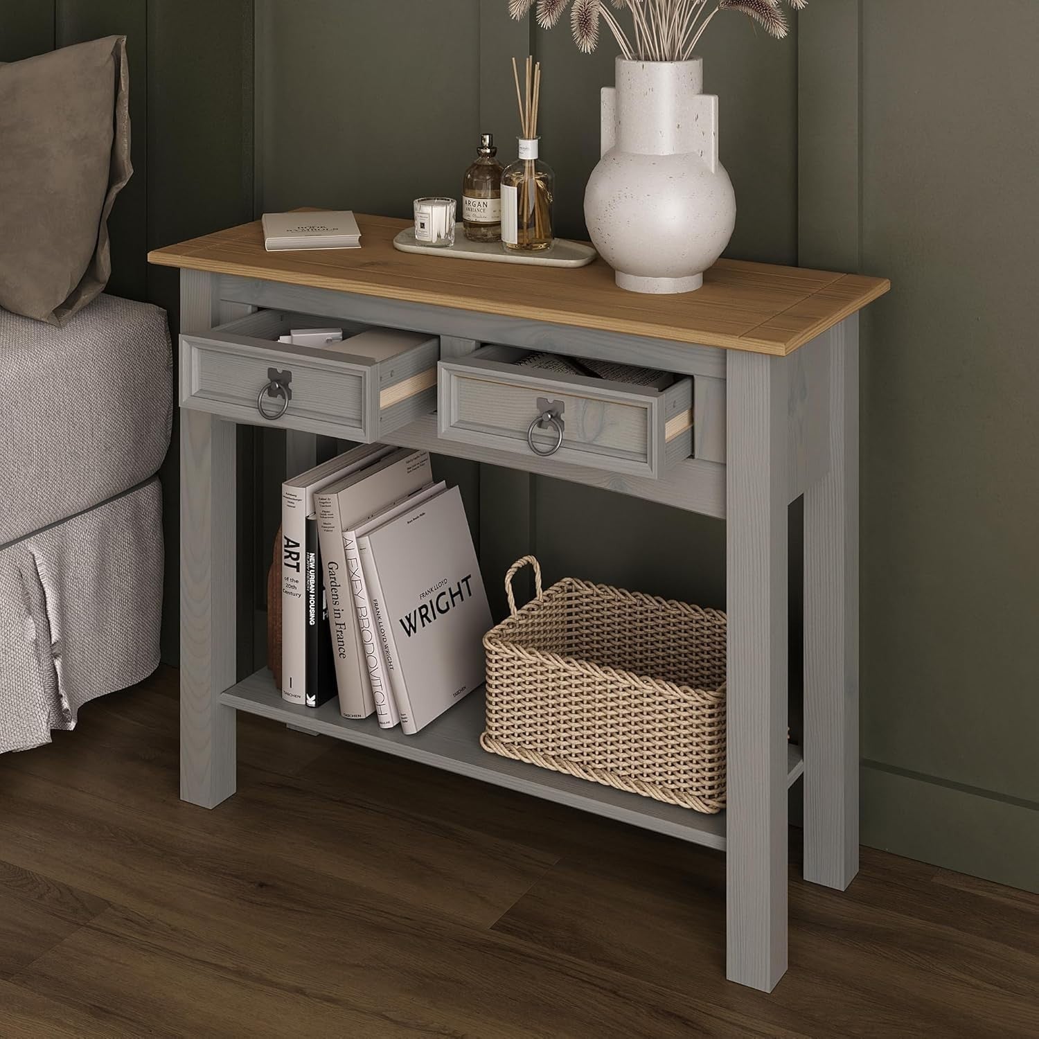 Grey Pine Console Table with 2 Drawers – Storage & Writing Desk