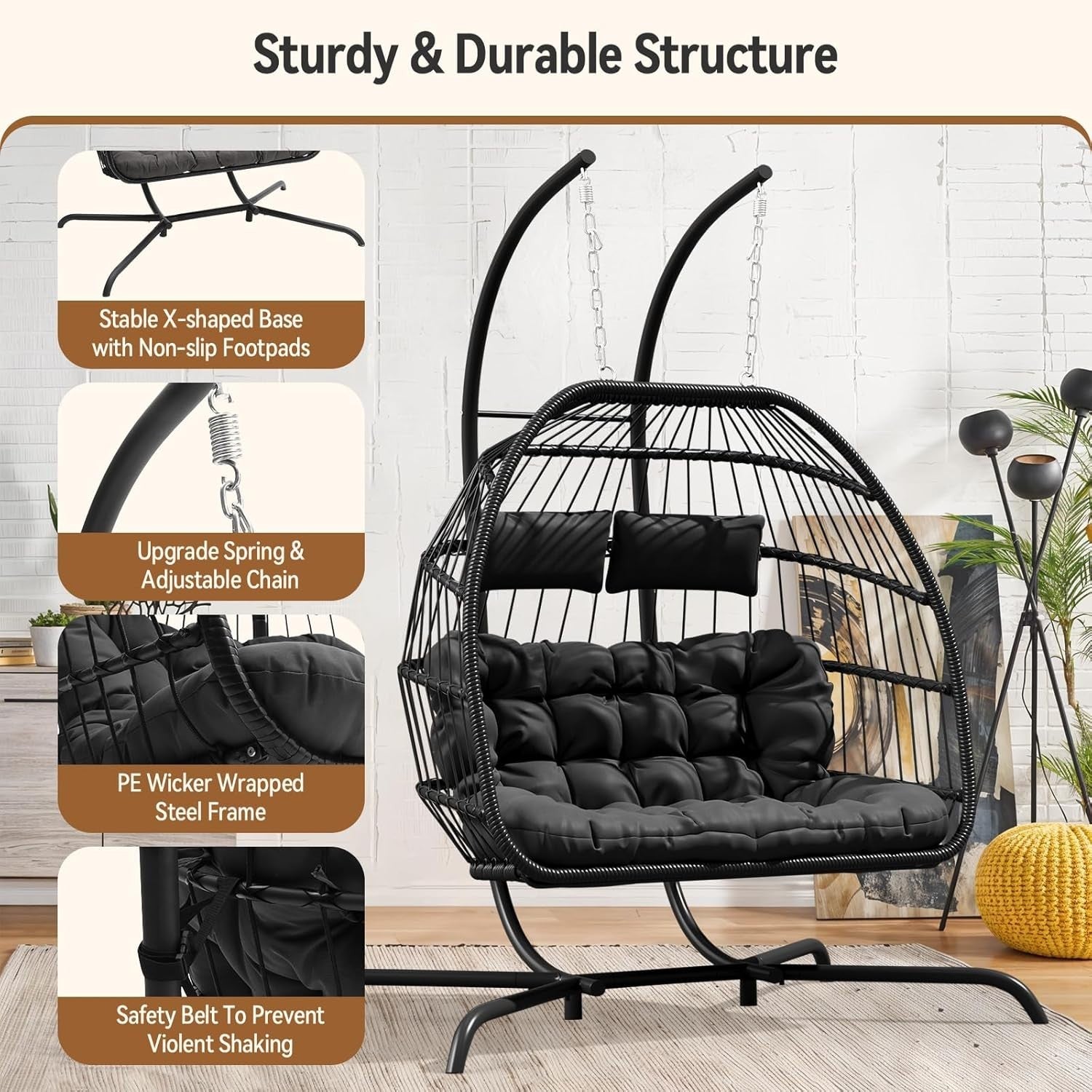 Double Hanging Egg Chair with Stand Cushioned PE Wicker Swing Seat
