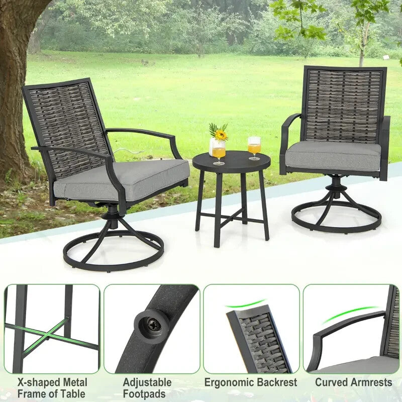 3pc Patio Swivel Chair Bistro Set w/Table Rattan Cushions Garden Deck