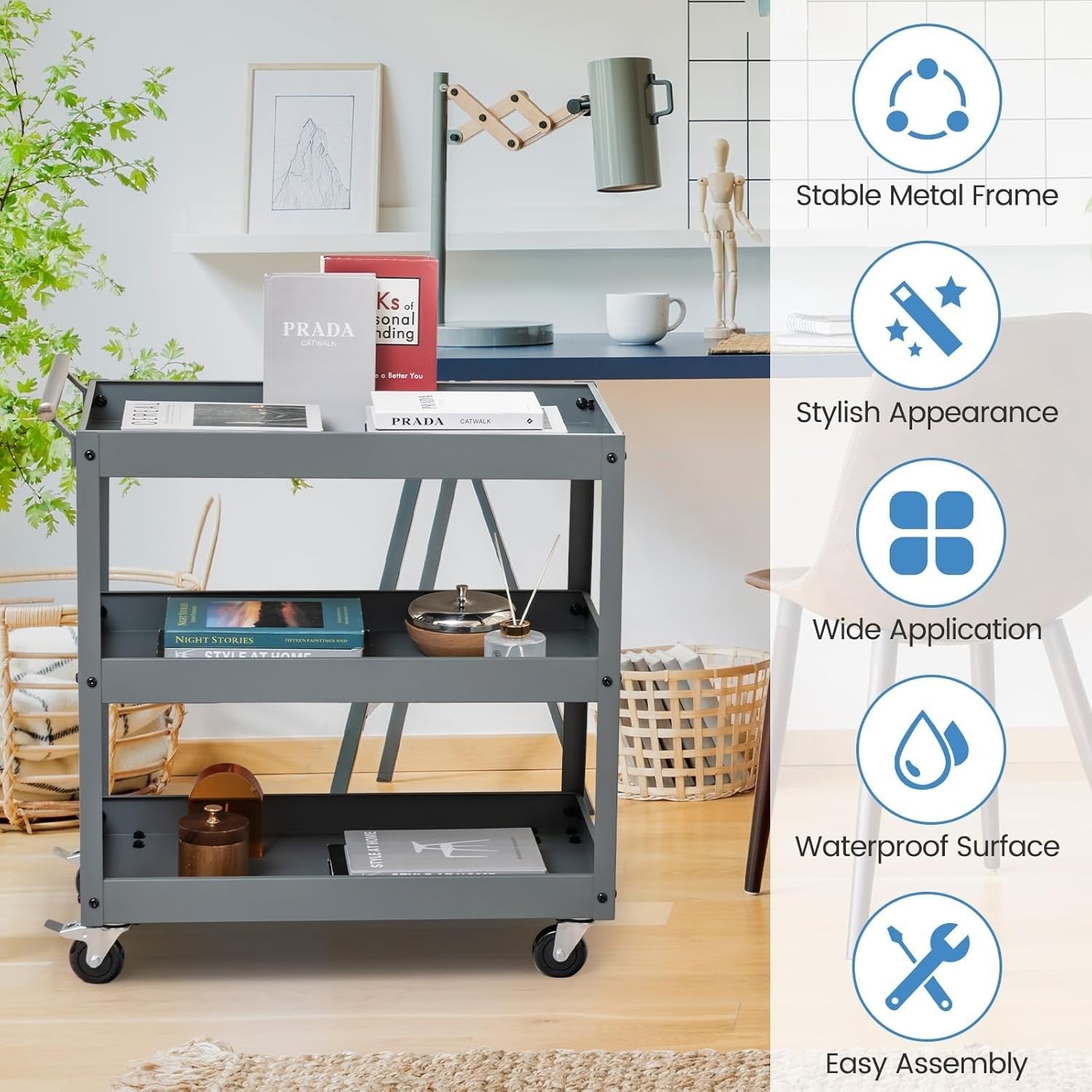 3 Tier Heavy Duty Tool Trolley Rolling Utility Storage Cart Grey