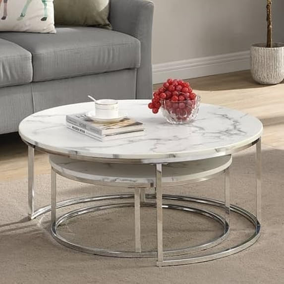 Round Marble Nesting Coffee Table Set 2 Art Deco White Chrome Modern Side Tables