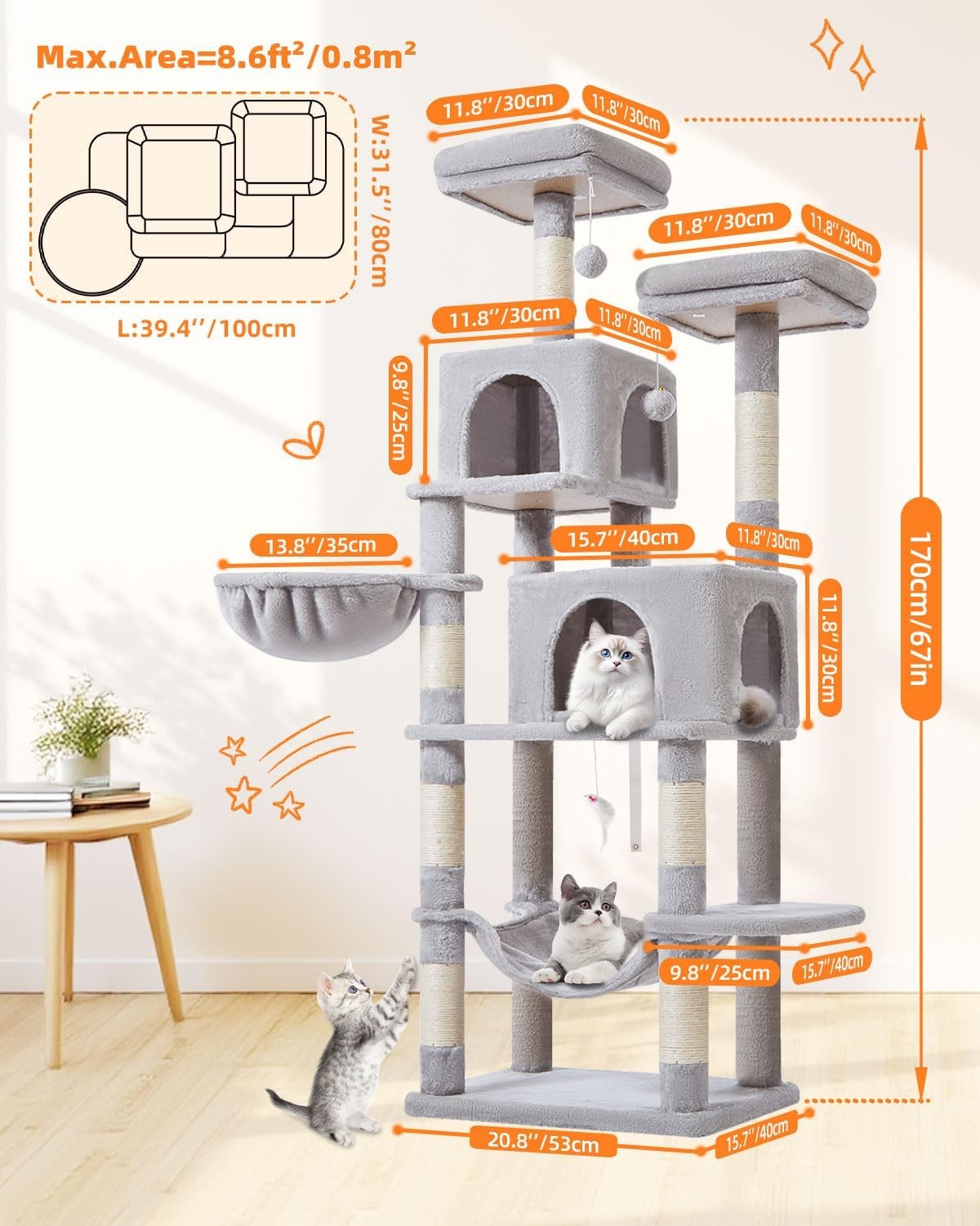 170cm Light Grey Cat Tree Tower with Condos Hammock Scratching Posts