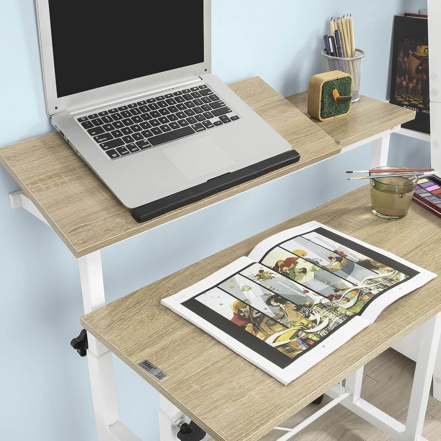 White Adjustable Standing Laptop Desk w/Tiltable Top & Wheels