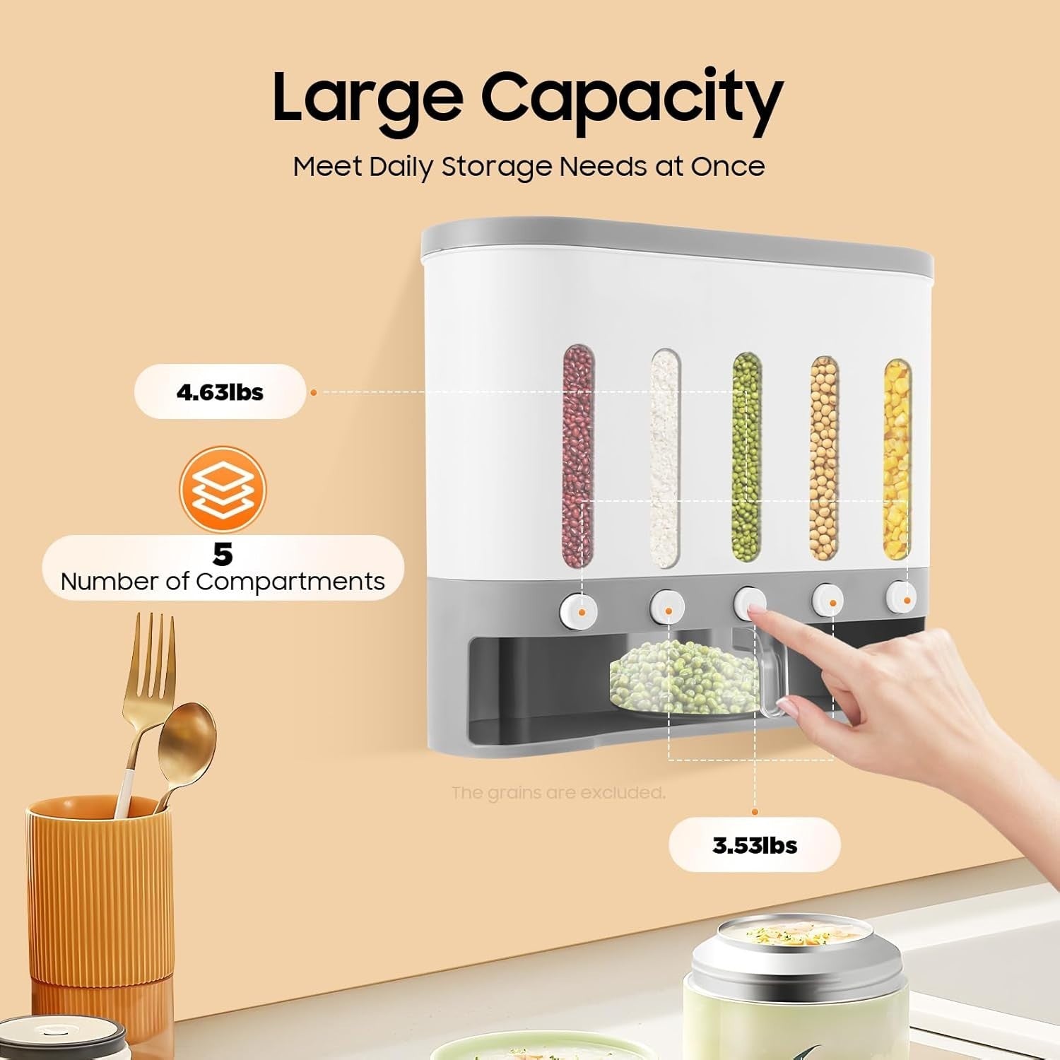 5 Grid Wall Mounted Dry Food Dispenser Rice Grain Storage Container