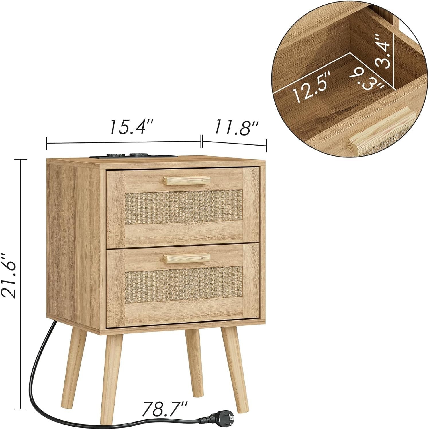 Rattan Bedside Table with 2 Drawers | Natural Wooden Nightstand for Bedroom