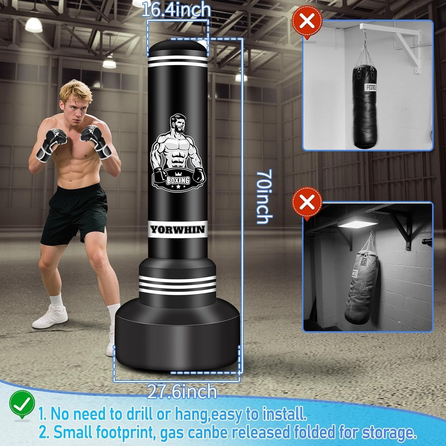 70in Standing Punch Bag Inflatable MMA Kickboxing Set Gloves Pump