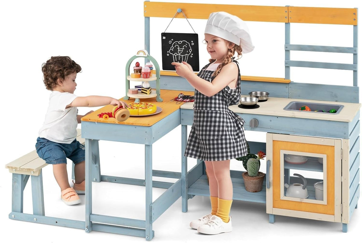 Outdoor Mud Kitchen Kids Playset w/ Picnic Table Dessert Toys