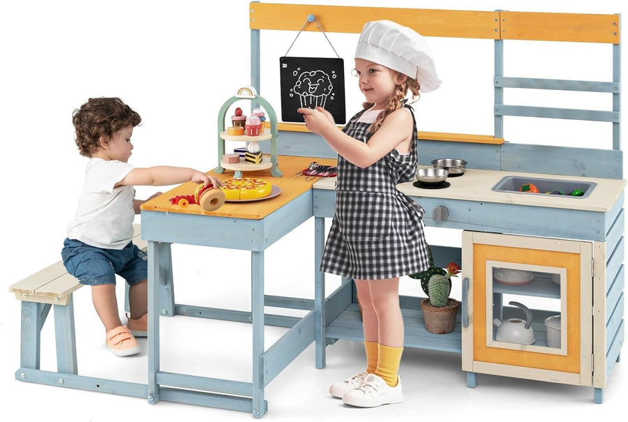 Outdoor Mud Kitchen Kids Playset w/ Picnic Table Dessert Toys