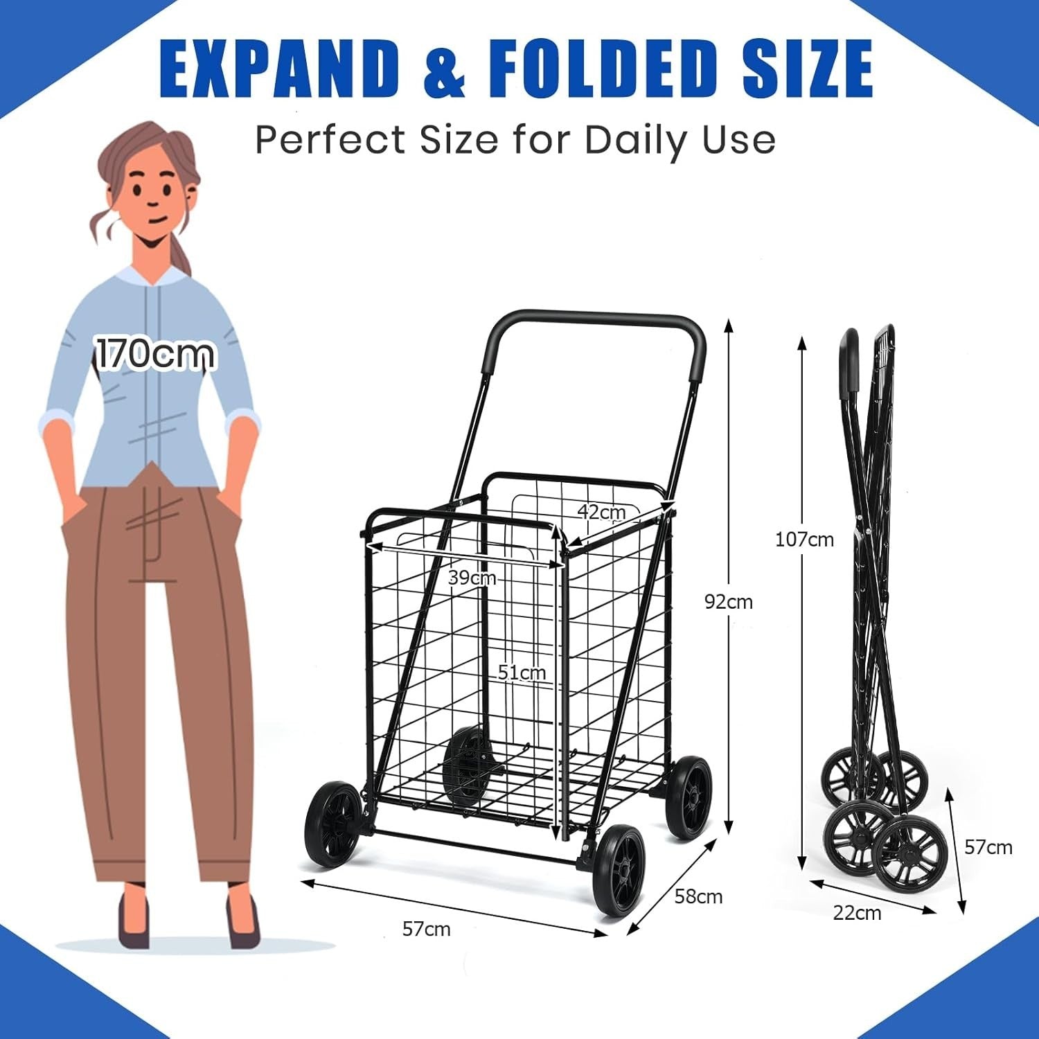 83L Folding Shopping Cart Metal Grocery Trolley Wheels Non-Slip Handle Black
