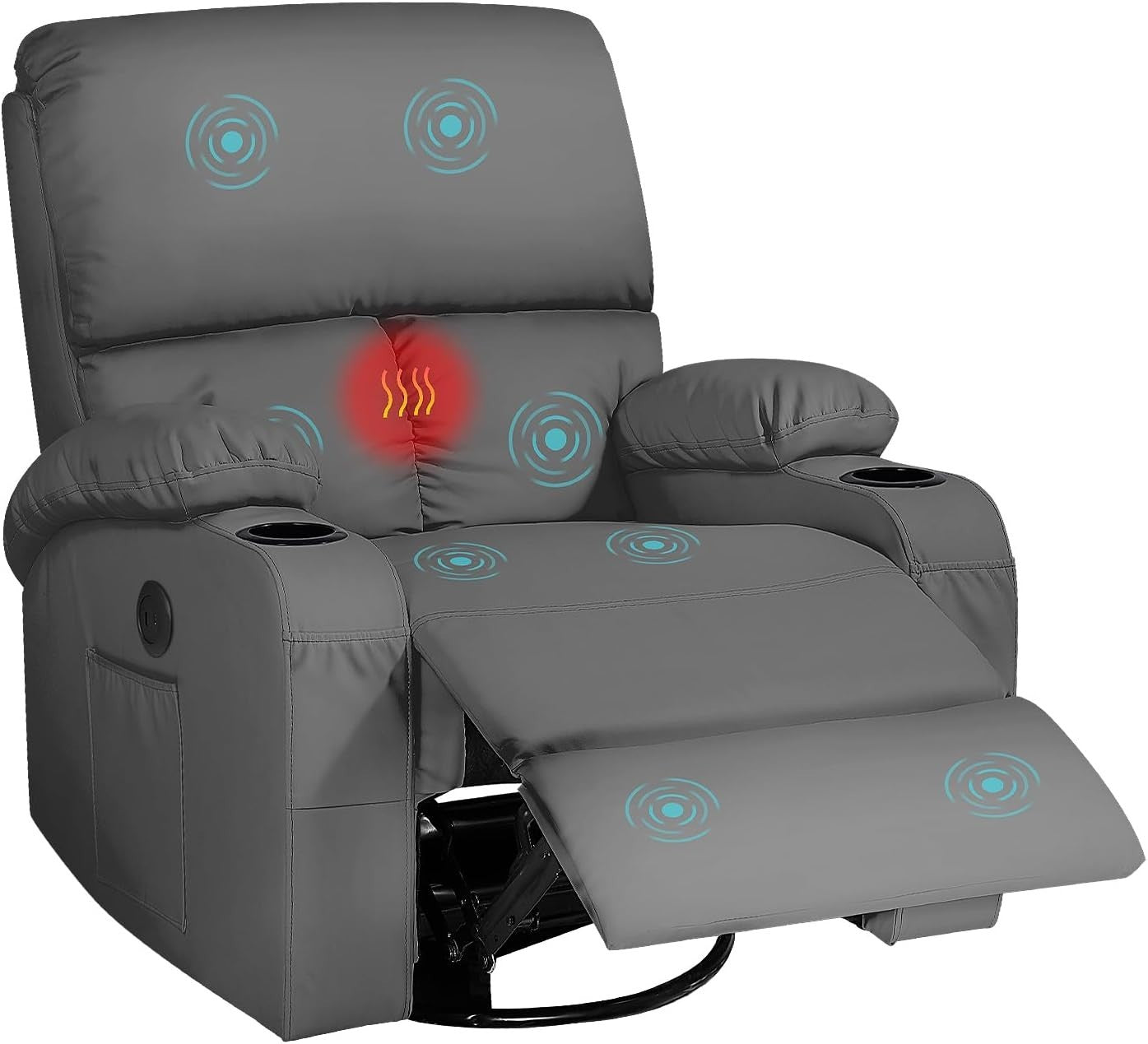 Swivel Rocker Recliner Massage Heat USB Type-C Faux Leather Dark Grey