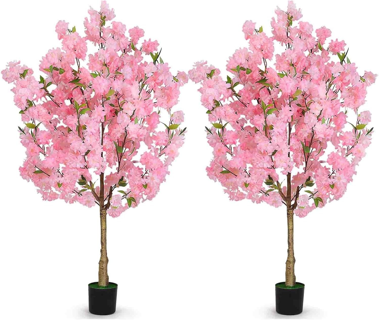 2 Pack 120cm Cherry Blossom Trees Pink Faux Flowering Sakura Large Indoor Decor