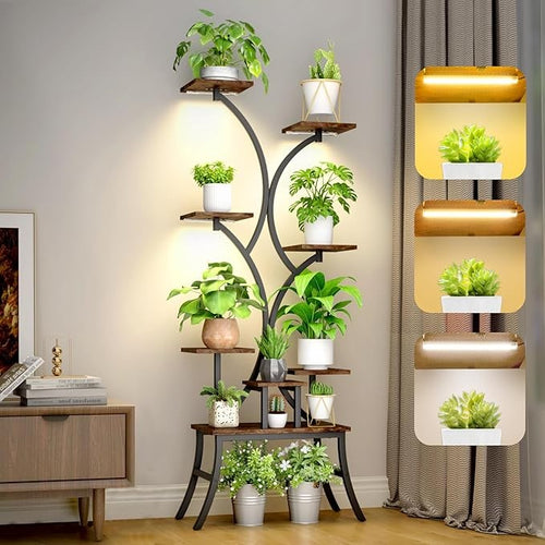 8 Tier Tall Metal Plant Stand with Grow Lights, Indoor Corner Shelf