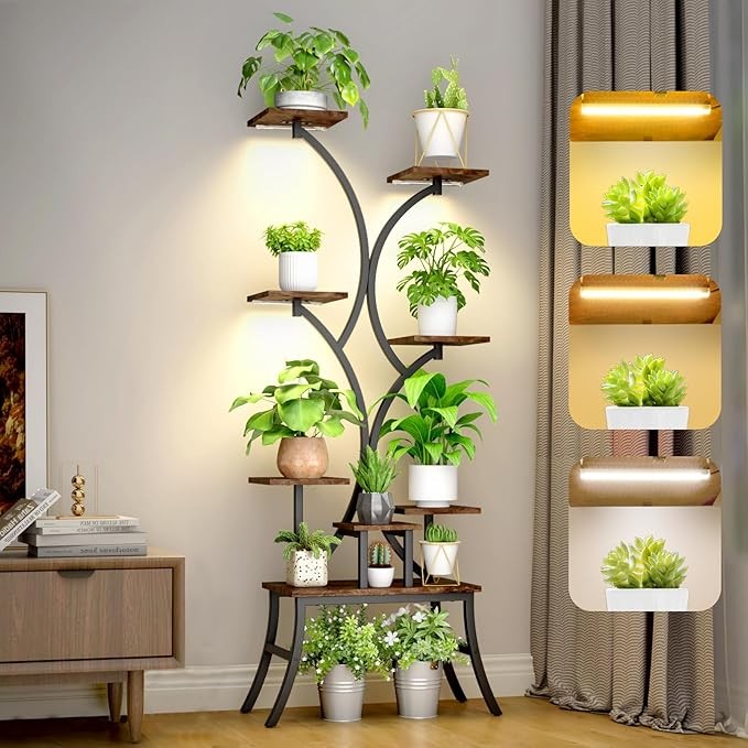 8 Tier Tall Metal Plant Stand with Grow Lights, Indoor Corner Shelf