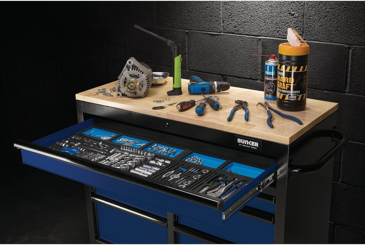 41" Roller Tool Cabinet 7 Drawer Mobile Workbench Hardwood Top Blue