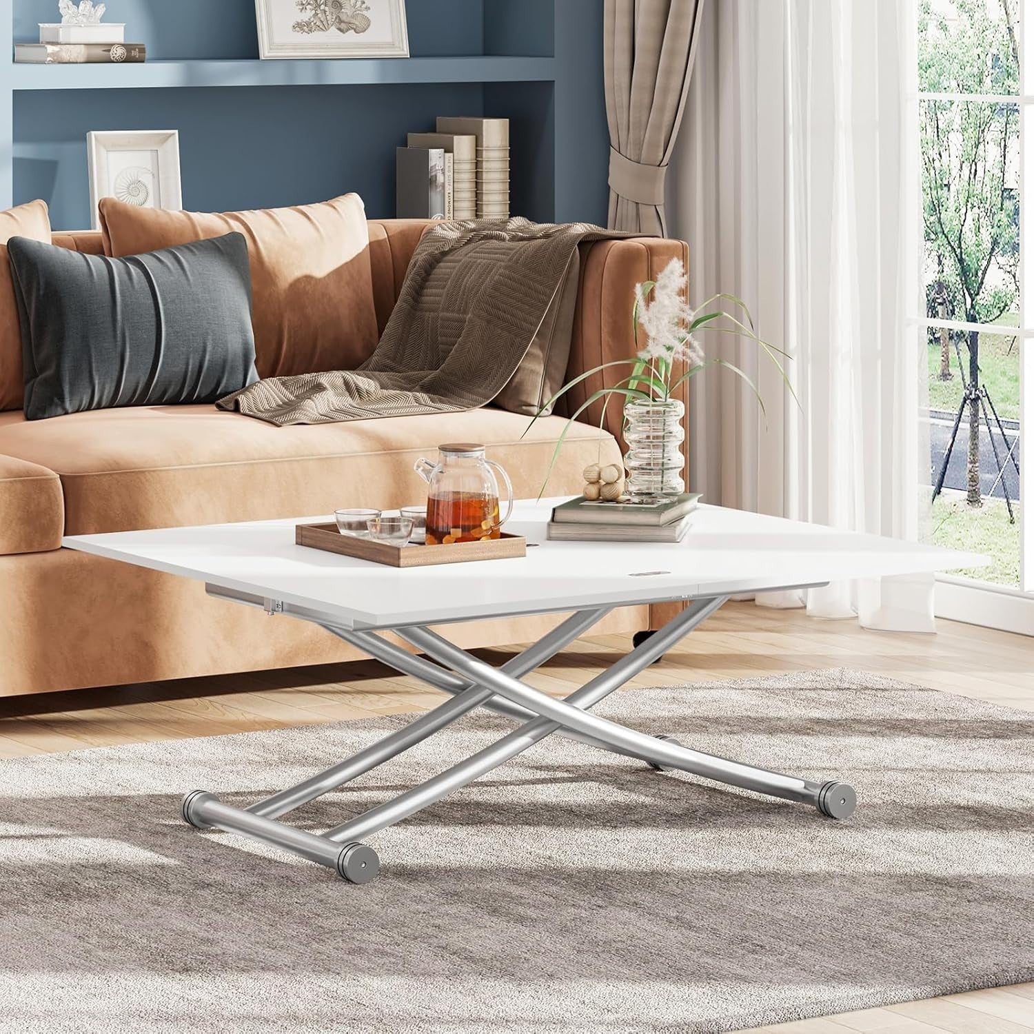 Height Adjustable Expandable White Coffee Dining Table Space Saving