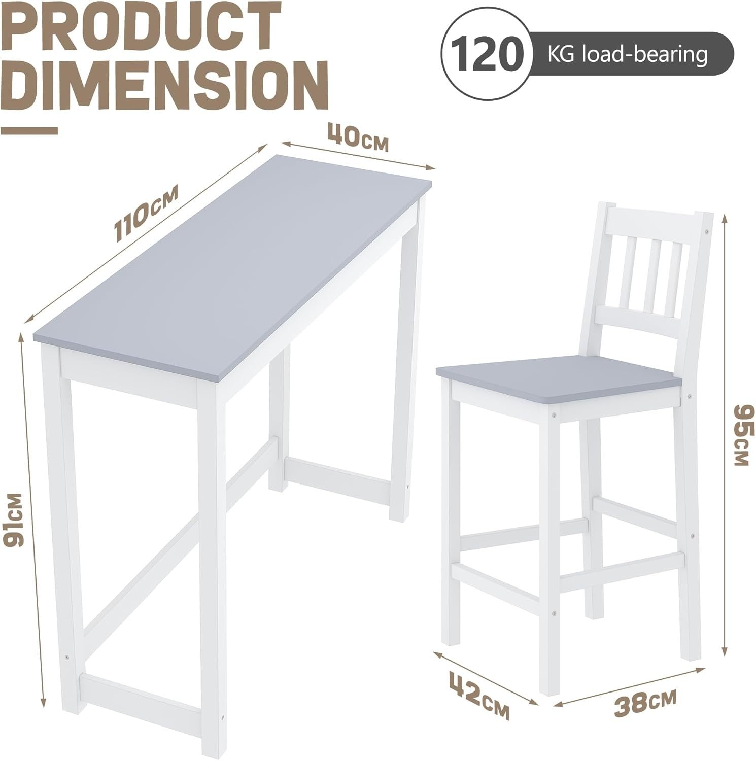 Solid Pine Wood Bar Table & 2 Stools Set | Compact Kitchen & Dining Furniture