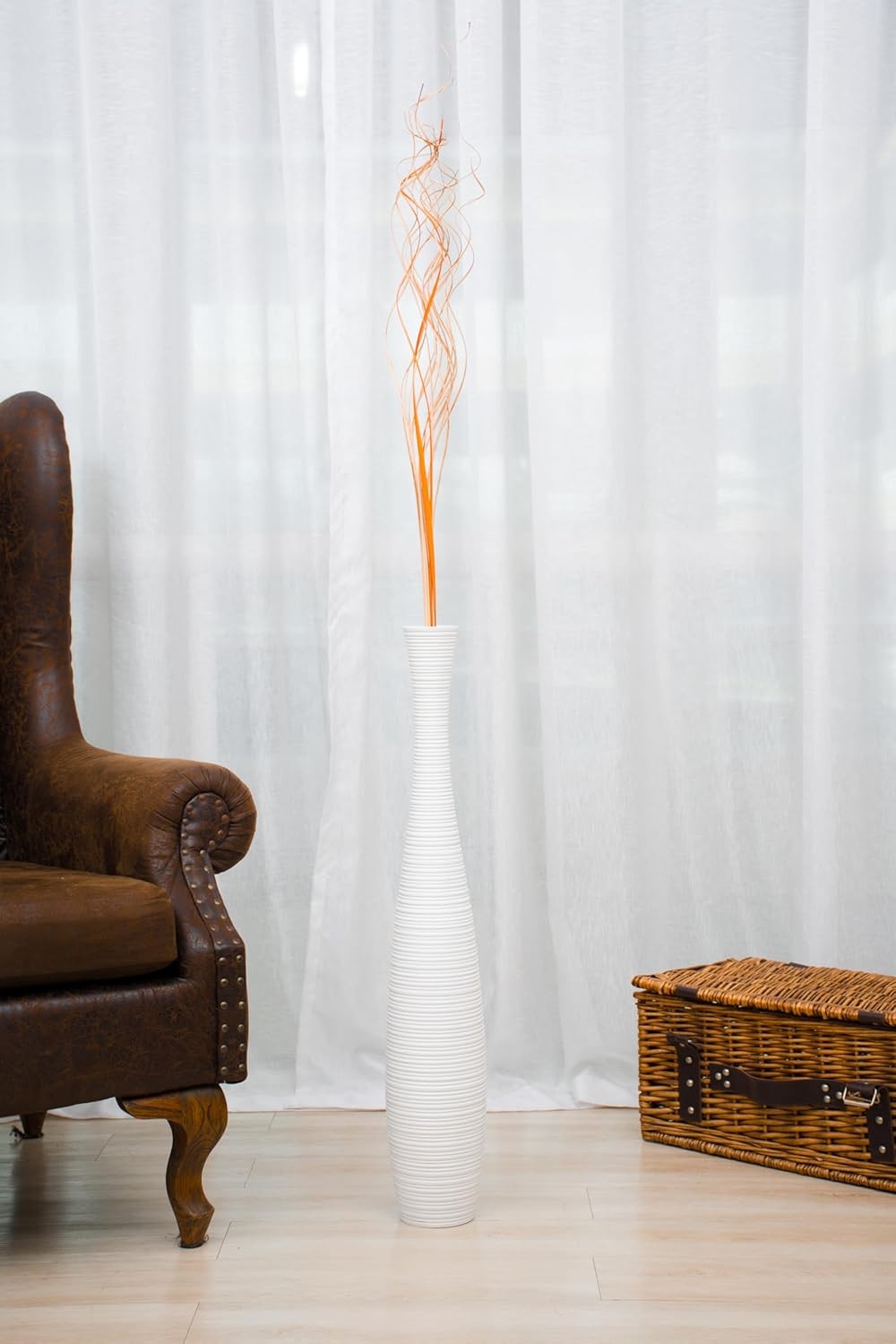 Large White Curved Floor Vase 65cm Tall Wooden Decor for Pampas Grass