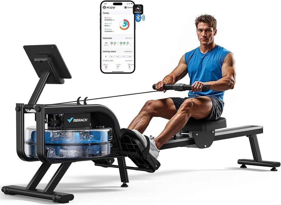 Water Rowing Machine 6-Level Resistance Quiet Steel Frame App Compatible