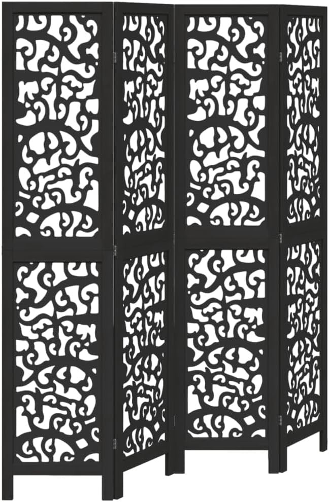 4 Panel Black Carved Wooden Room Divider 140x180cm Folding Privacy Screen