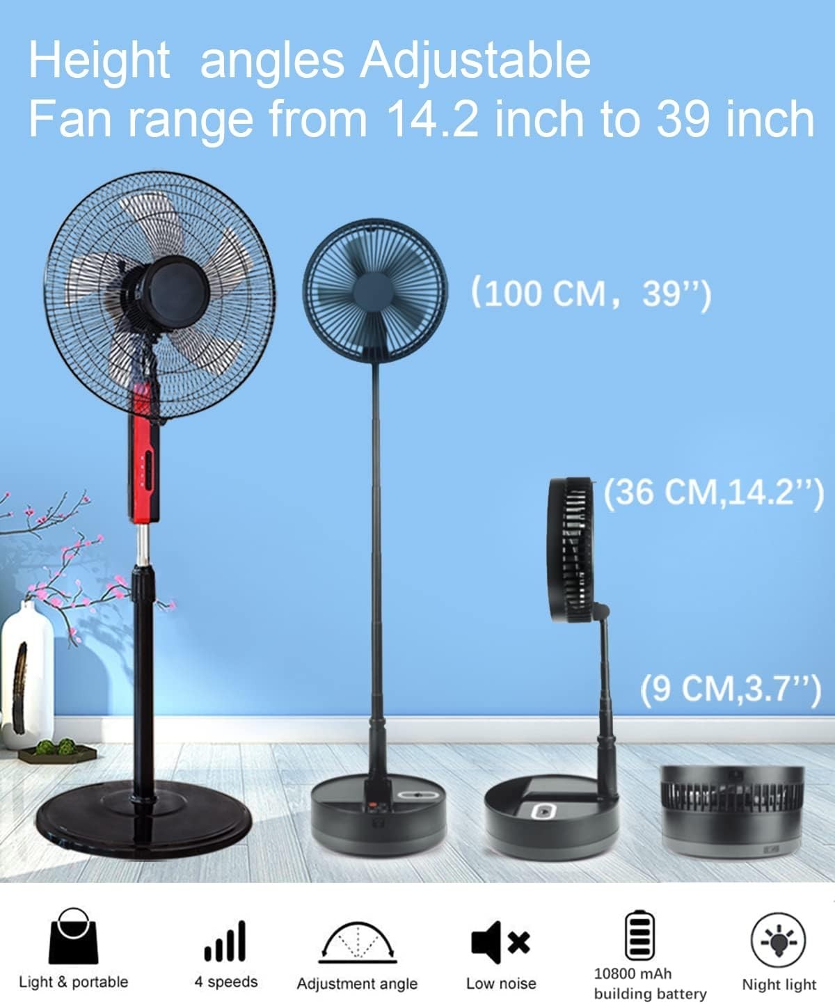 Foldable Rechargeable Fan 10800mAh – 4-Speed Portable Timer Floor Desk Fan Black