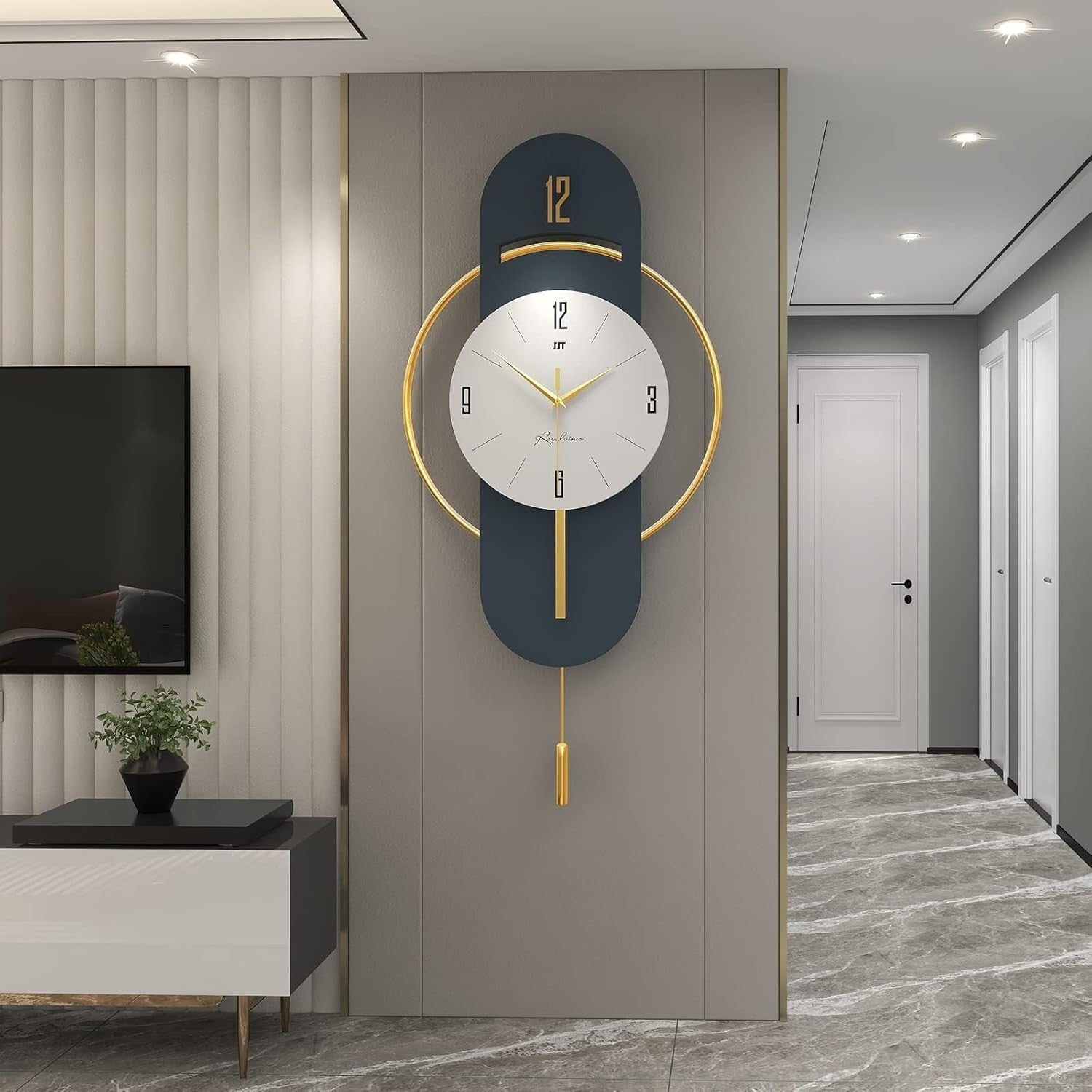 Luxury Silent Wall Clock Gold Blue 84cm Large Art Deco Pendulum Decor