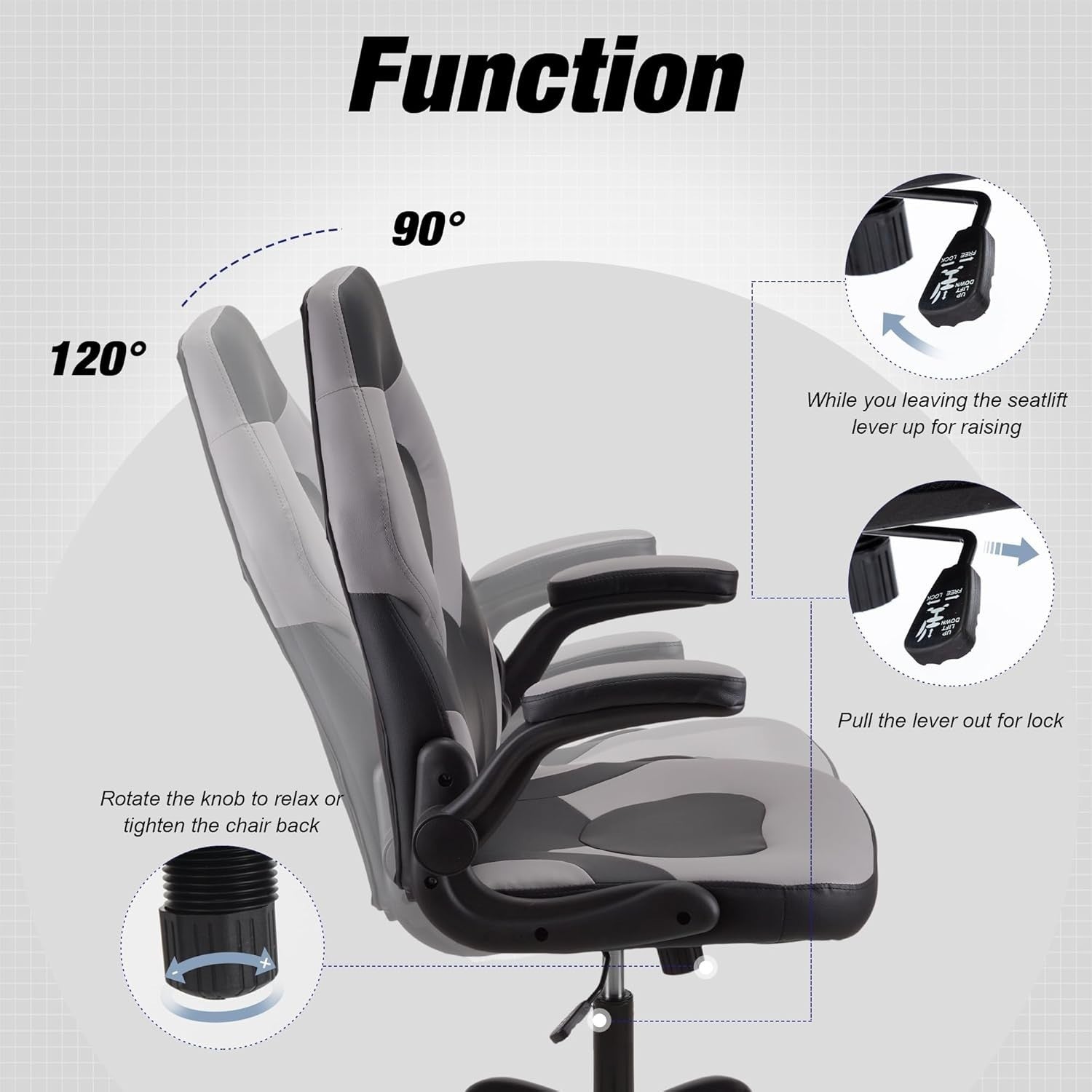 Ergonomic Grey Gaming Chair Office PC Desk Chair Adjustable Height Lumbar PU Lea