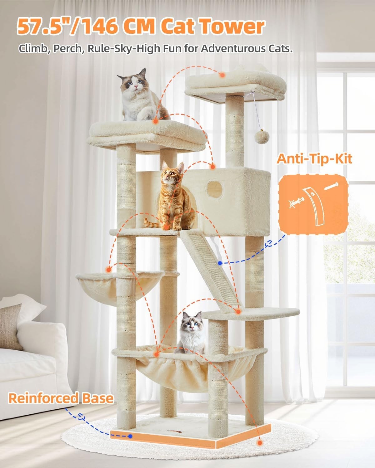 146cm Cat Tree Tower Multi Level Scratching Post Indoor with Hammock