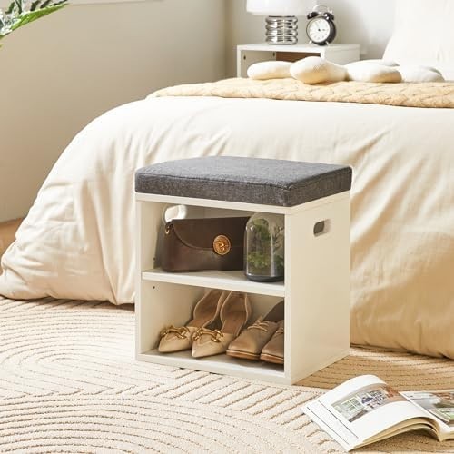 2-Tier Shoe Storage Bench with Padded Seat & Adjustable Shelves, White