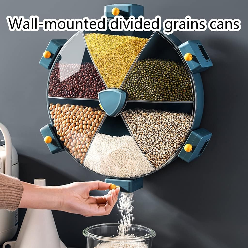 8.5L Wall Mounted Grain Dispenser 6 Grid Rotating Food Storage Box