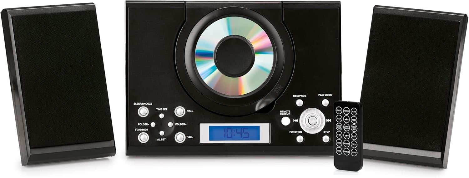 HiFi CD Player Speakers FM Radio USB AUX Alarm Clock Remote Black