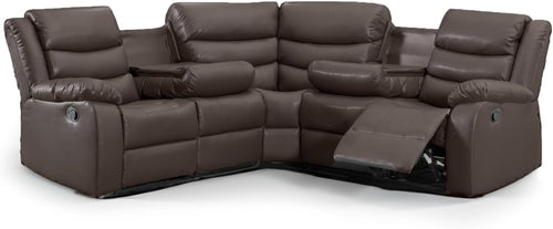 Brown Leather Recliner Corner Sofa 5 Seater L Shape Manual + Drinks Tray