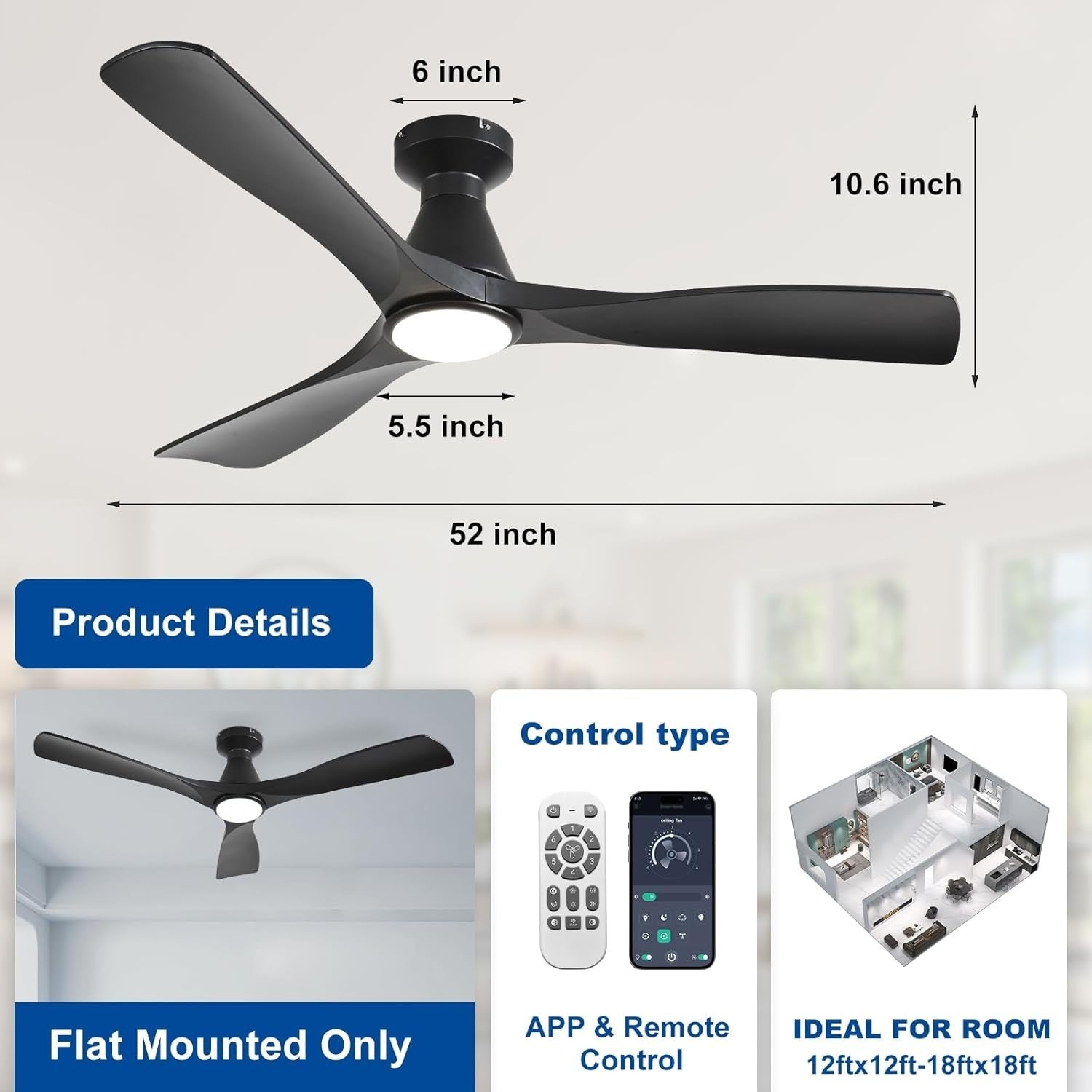 52" Ceiling Fan Light, 3-Blade LED, Reversible Quiet DC Motor, Black