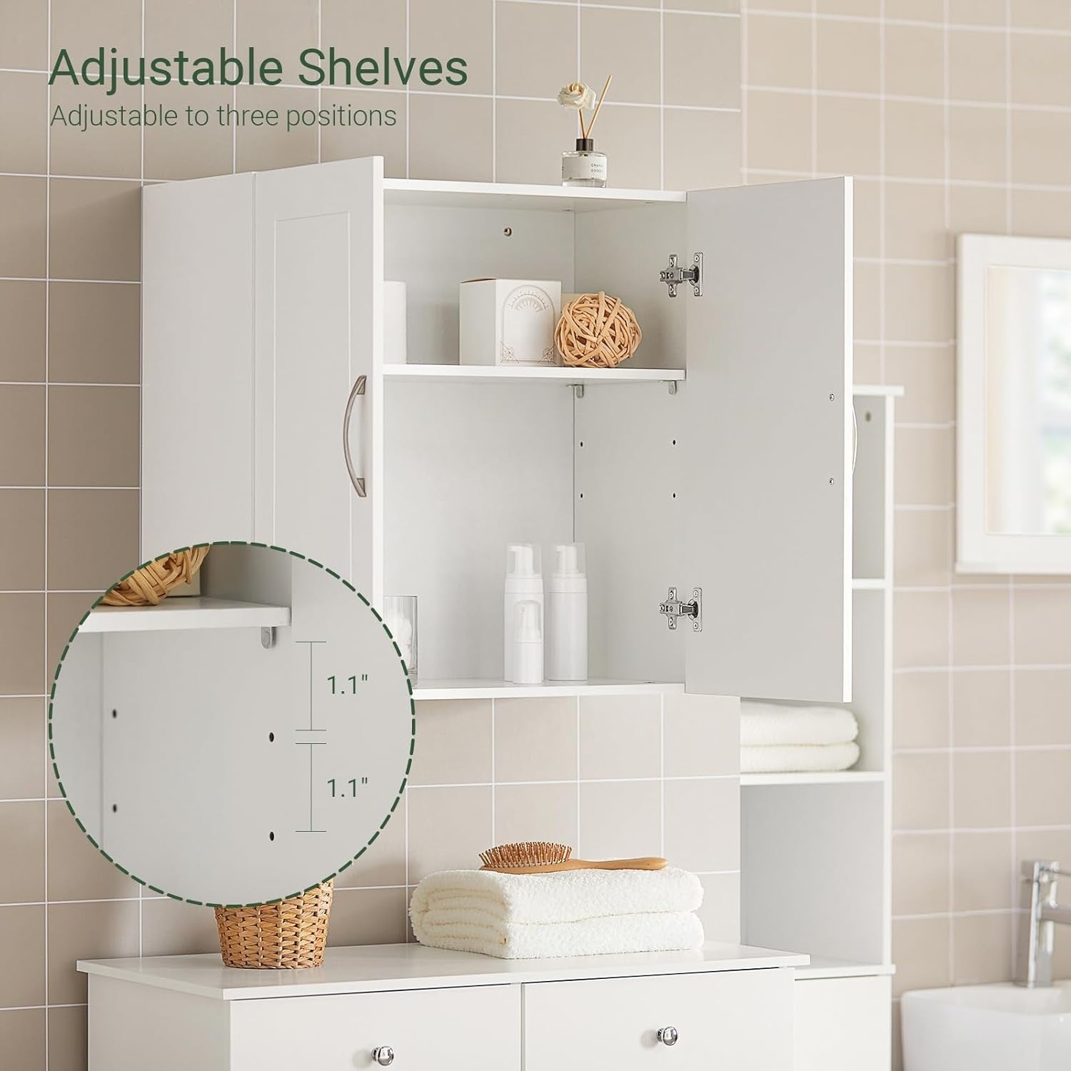 Wall Mount Bathroom Cabinet with 2 Doors & Adjustable Shelves, White