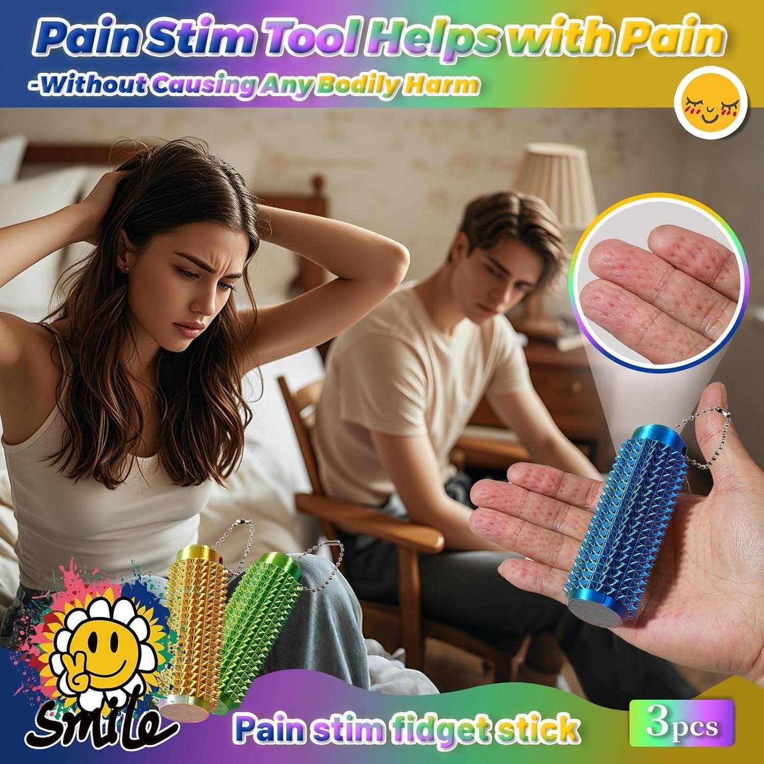 Pain Stim Spiky Fidget Keychain Anxiety Relief ADHD Autism Pocket Tool