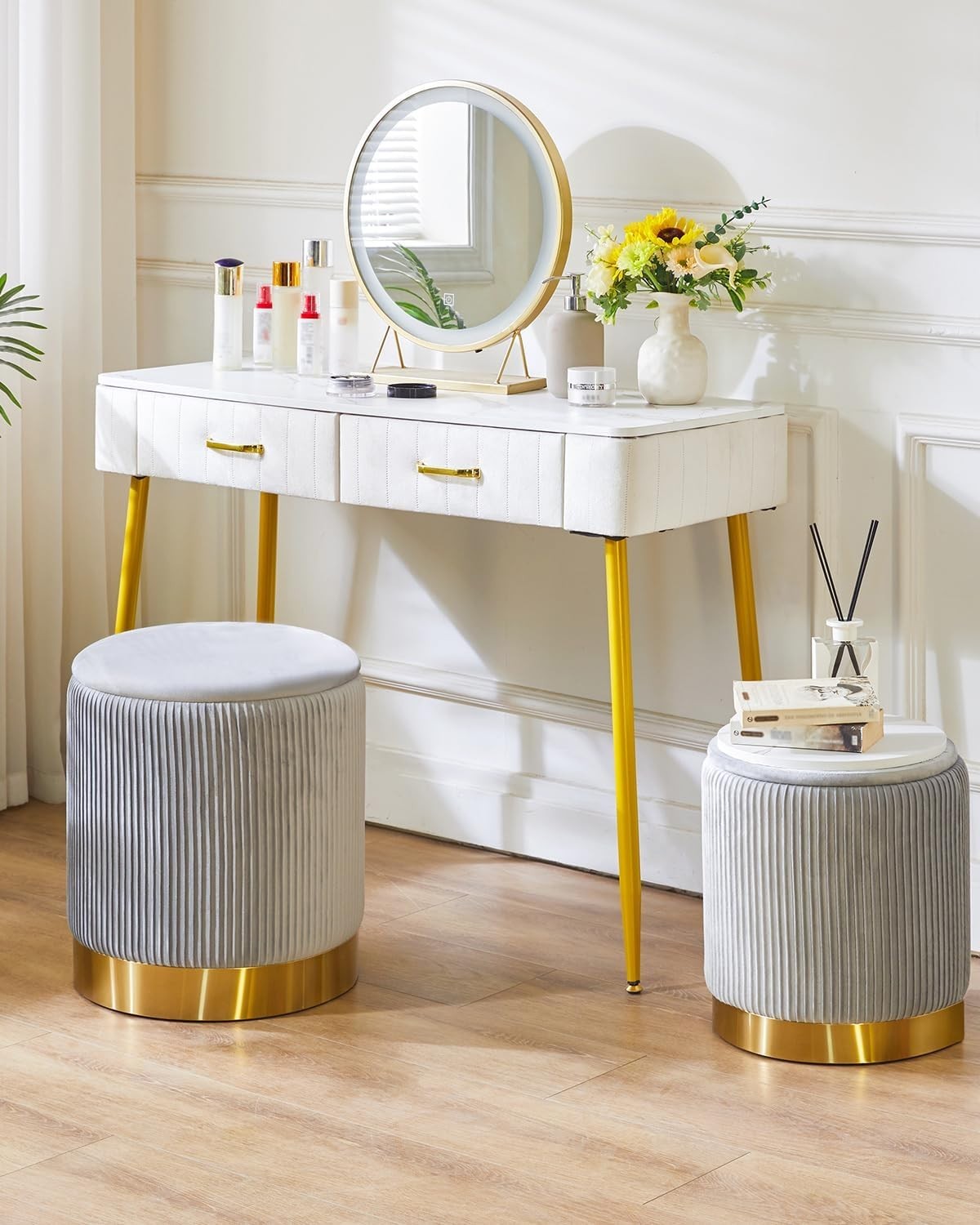 Set of 2 Gray Storage Ottomans – Round Boucle Velvet Stools with Lids