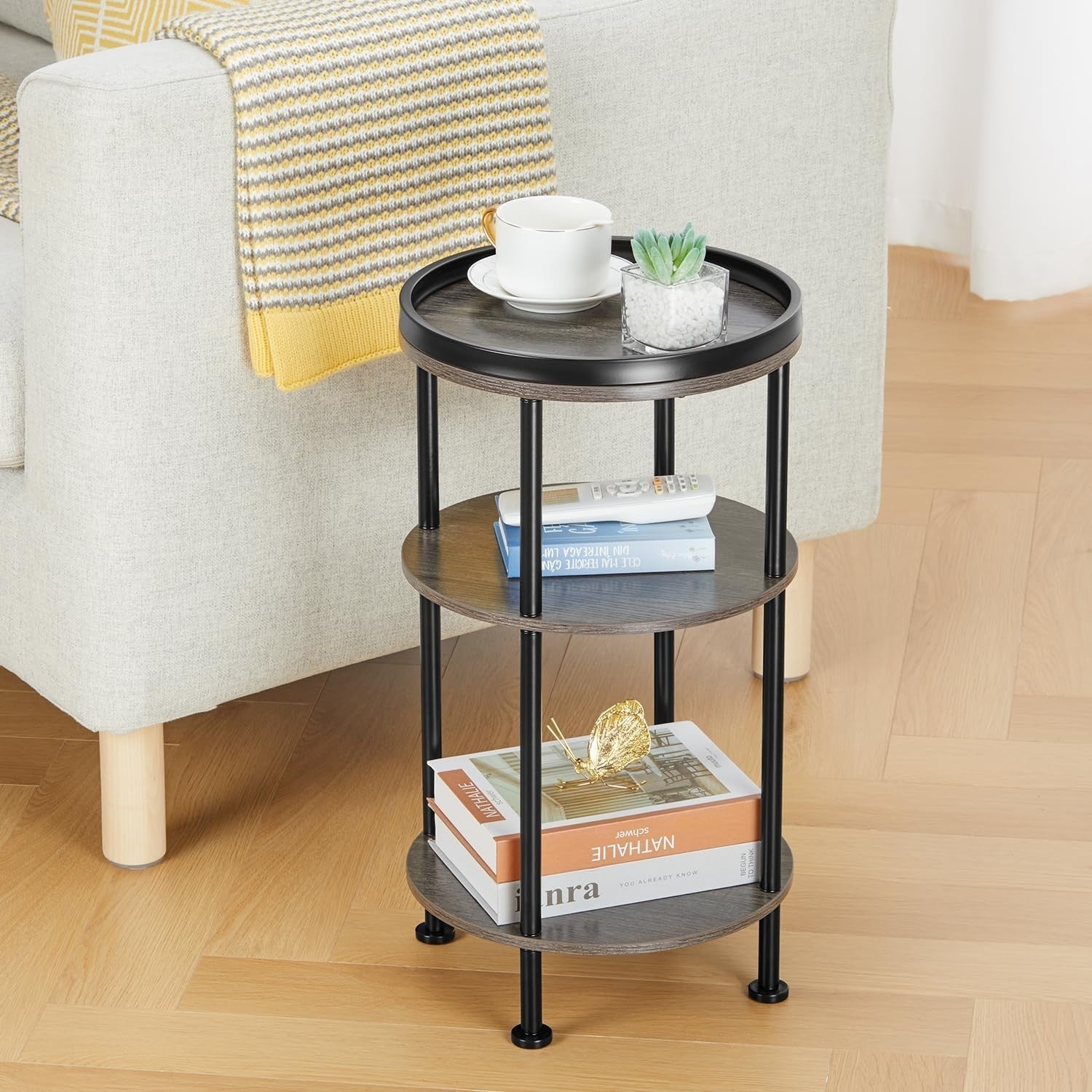 3 Tier Round Side Table with Storage Shelf Metal Frame Small Space Grey 30x55