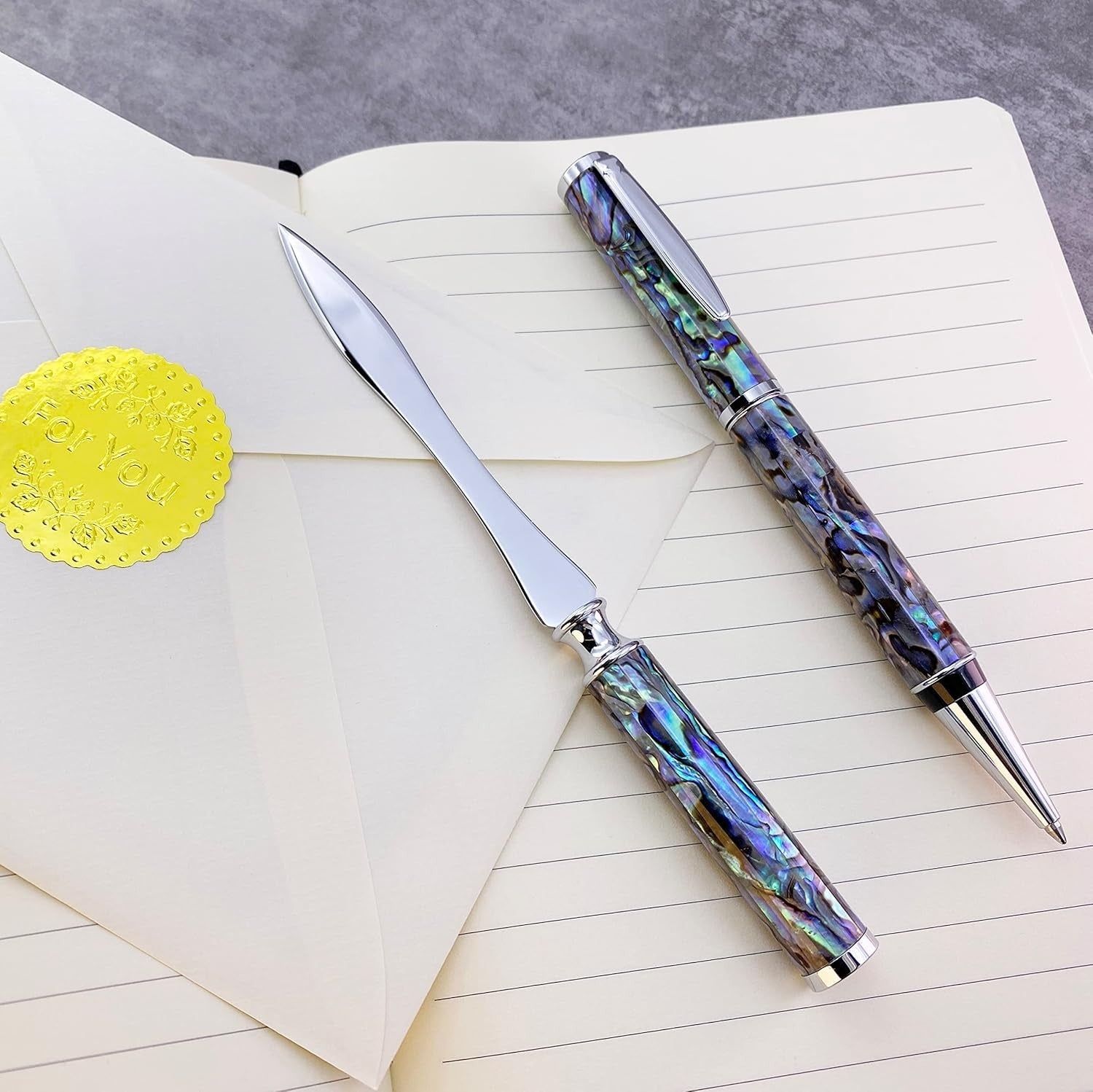 Luxury Blue Abalone Shell Ballpoint Pen & Letter Opener Gift Set
