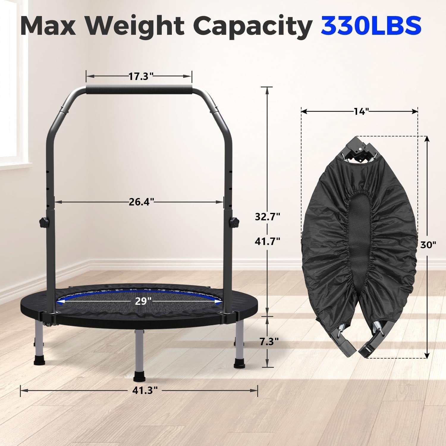 40in Fitness Rebounder Trampoline Adjustable Handle Quiet Indoor