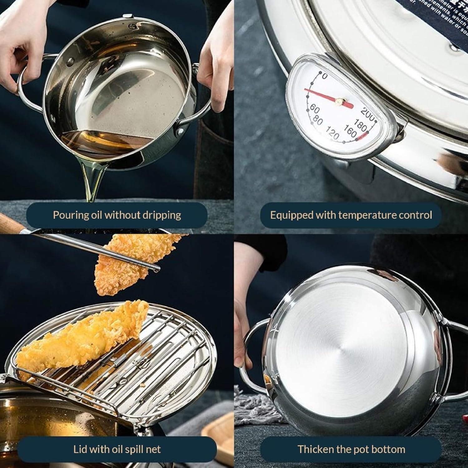 4.2L Stainless Steel Tempura Fryer Pot 11'' Thermometer Oil Drip Rack